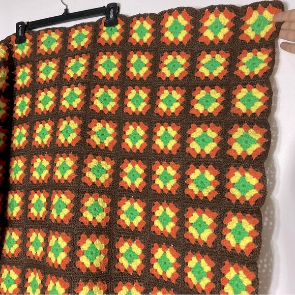 Vintage Handmade Brown Orange Yellow Green Crochet Granny Square Afghan Blanket - Picture 11 of 12